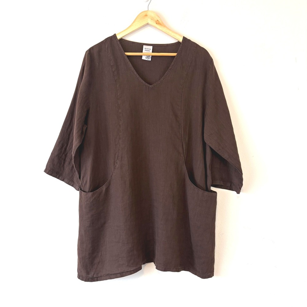 Match Point USA Lagenlook Espresso Brown Linen Tunic Top Deep Pockets Large